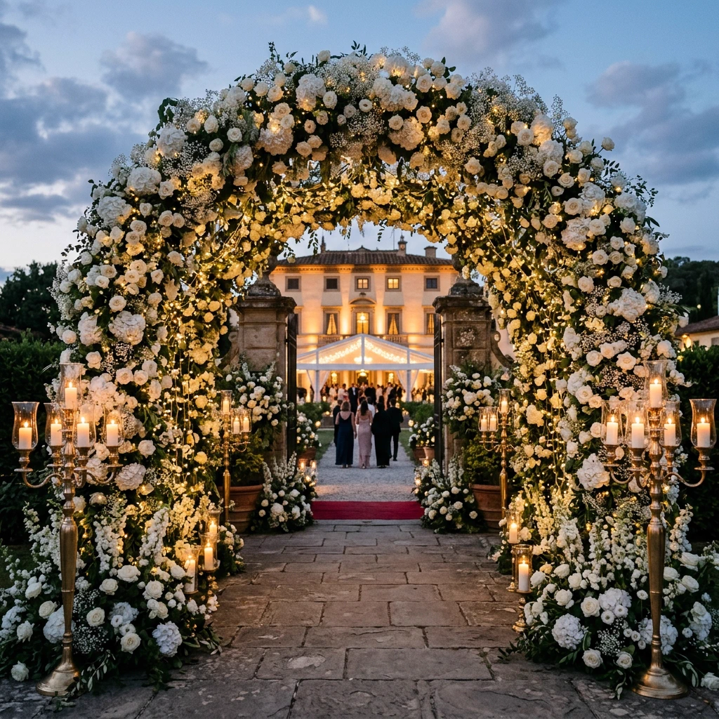 Cascading floral archways at twilight